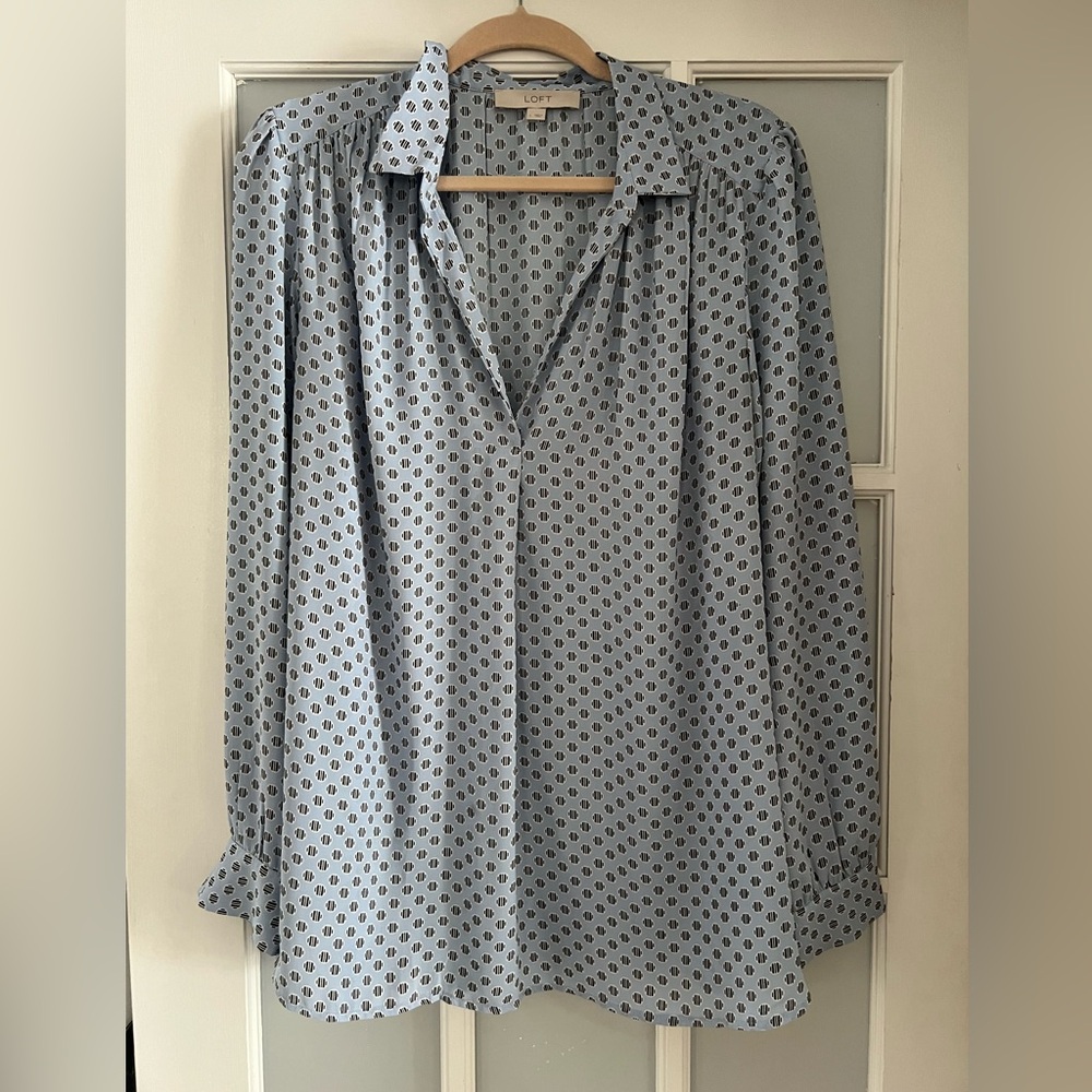 LOFT long sleeve vneck blouse, size large, blue/white